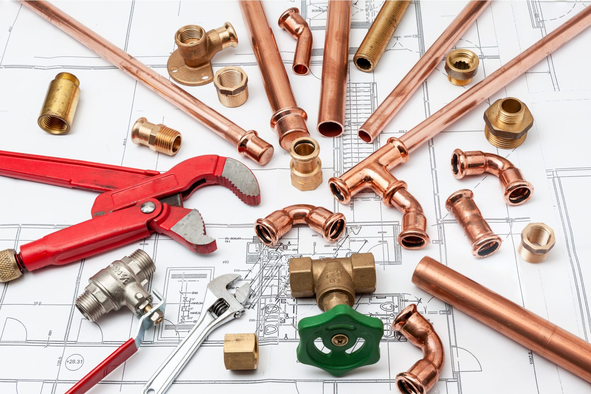 Copper pipes, fittings, valves, and plumbing tools in Corvallis