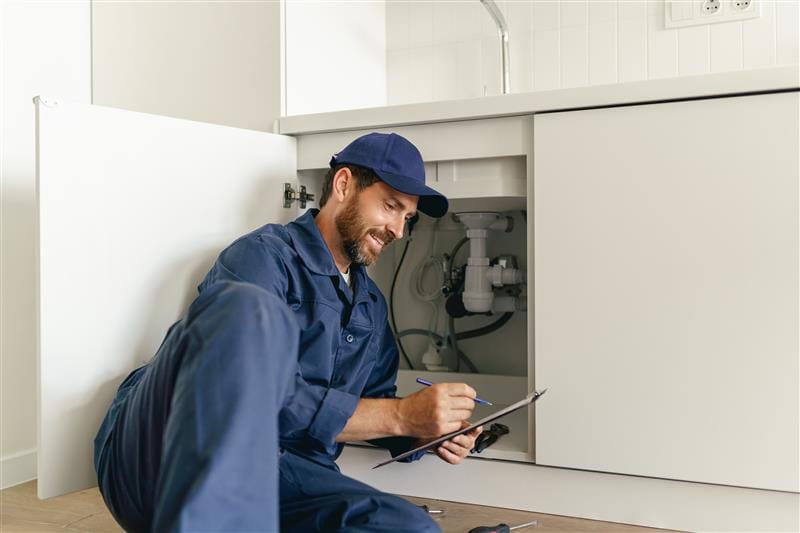 Residential plumber reviewing plumbing repairs in a Corvallis kitchen
