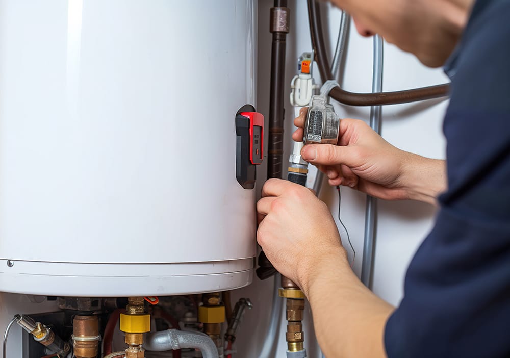 Technician repairing pipes connected to a water heater in Corvallis